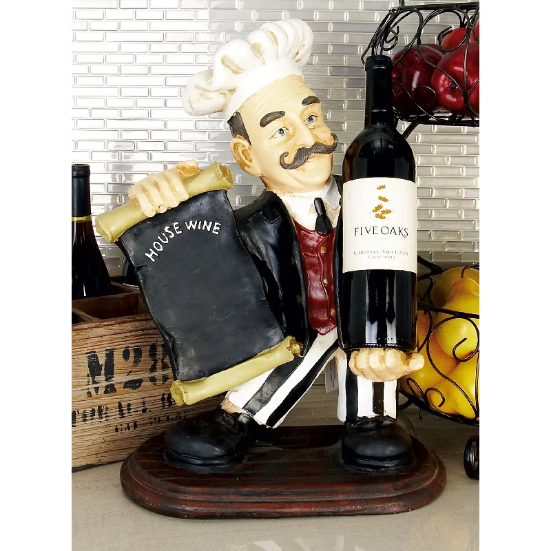 Black Polystone Chef Decorative Sculpture with Chalkboard and Wine Holder Slot - 13 x 9 x 20