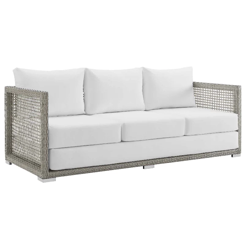 Modway Aura Outdoor Patio Wicker Rattan Sofa - EEI-2923 Gray Rattan and white or blue cushions .Machine Washable Cushion Covers Powder Coated Aluminum Frame