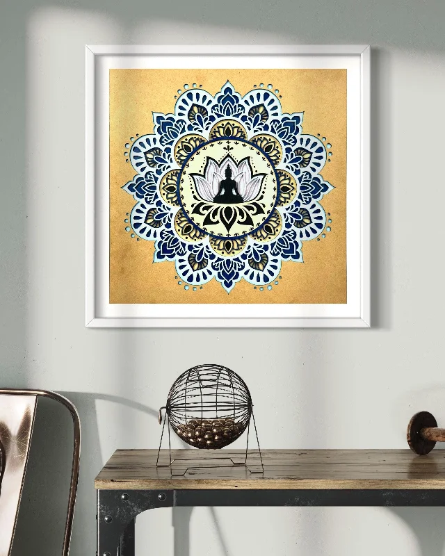 Sitting Buddha on Lotus 7 Layer Laser Cut Wood Wall Art Wall Sculpture Mandala With Frame