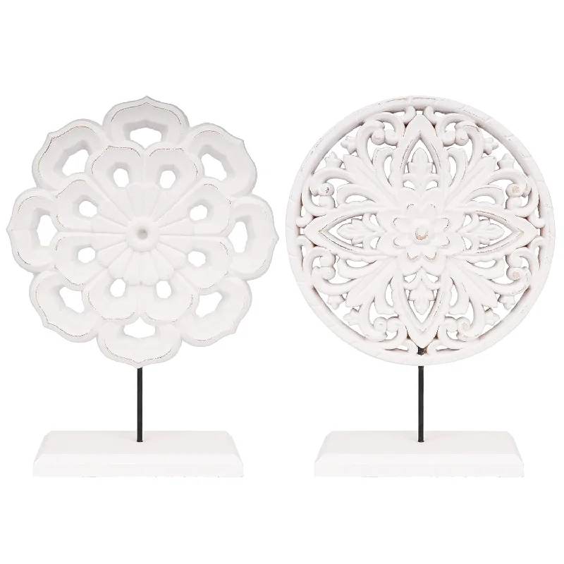 2 Pack Wooden Carved Cutout Flower Medallion Sculpture, Rustic Distressed Whit