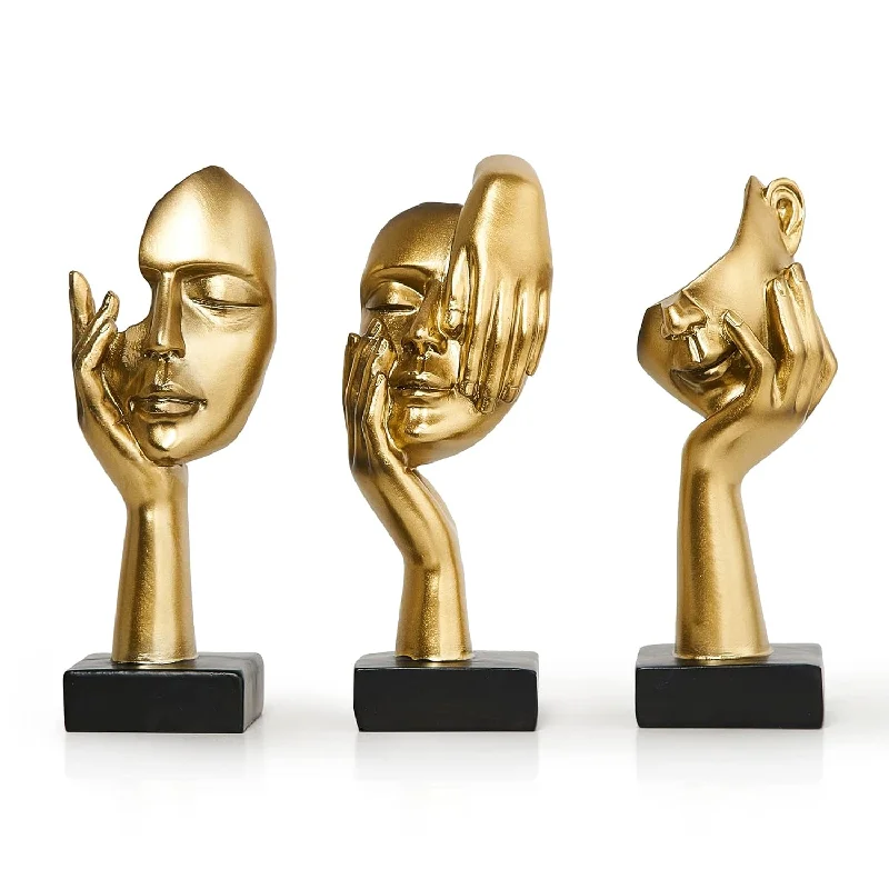 3 Pcs Gold Decor Thinker Statues Sculptures For Shelf Decor, Golden Statues Ho