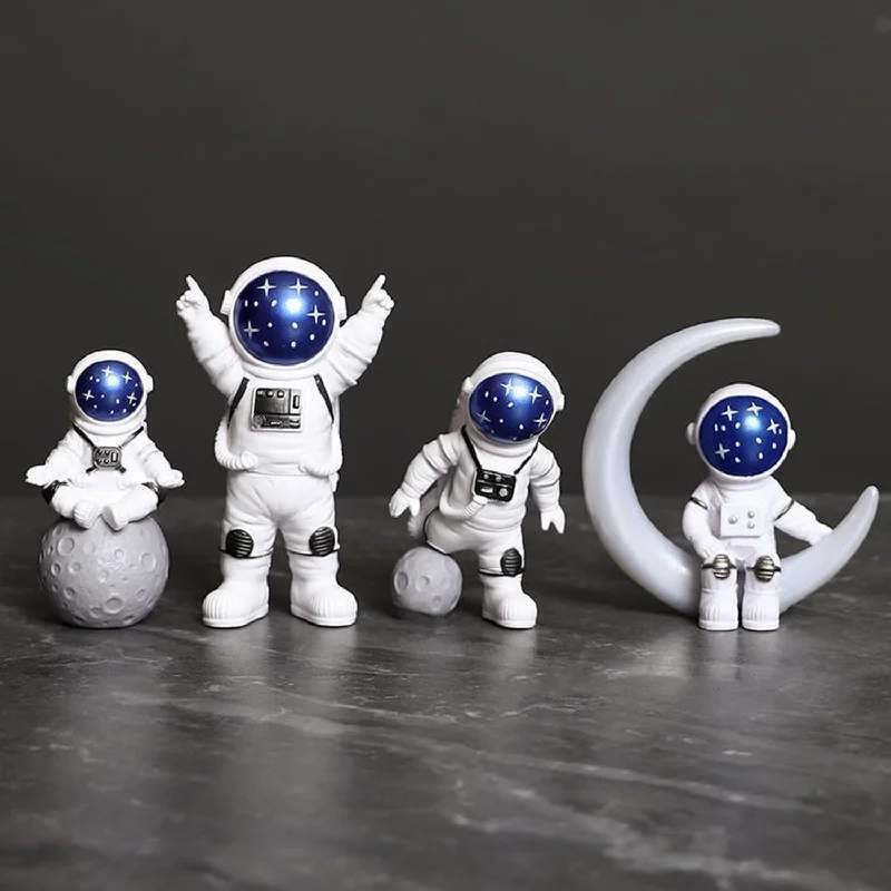 Blue White Astronaut Statues Set Of 4, Spaceman Sculpture Figurines Outer Spac