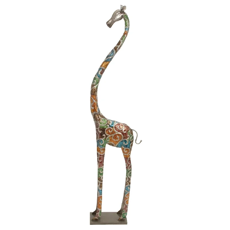 Metal Giraffe Indoor Outdoor Tall Sculpture With Detailed Embossed Scrollwork,