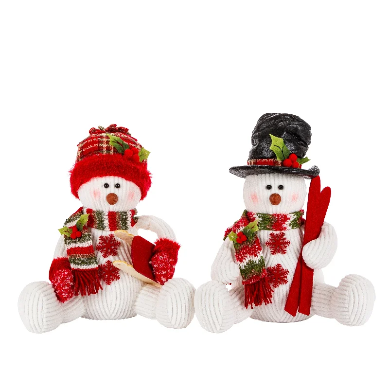 Set of 2, 12”H Holiday Soft Sculpture Sitting Snowman w/Hat & Scarf