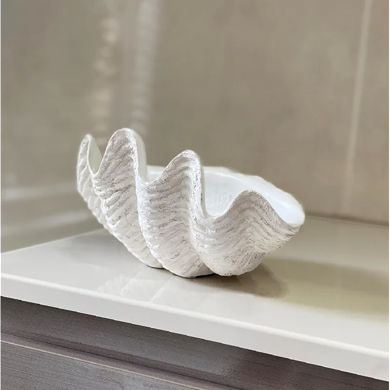 Small Clam Shell Sculpture - 8.75Lx 5.6Wx 4.33H Handcrafted White Resin Replic