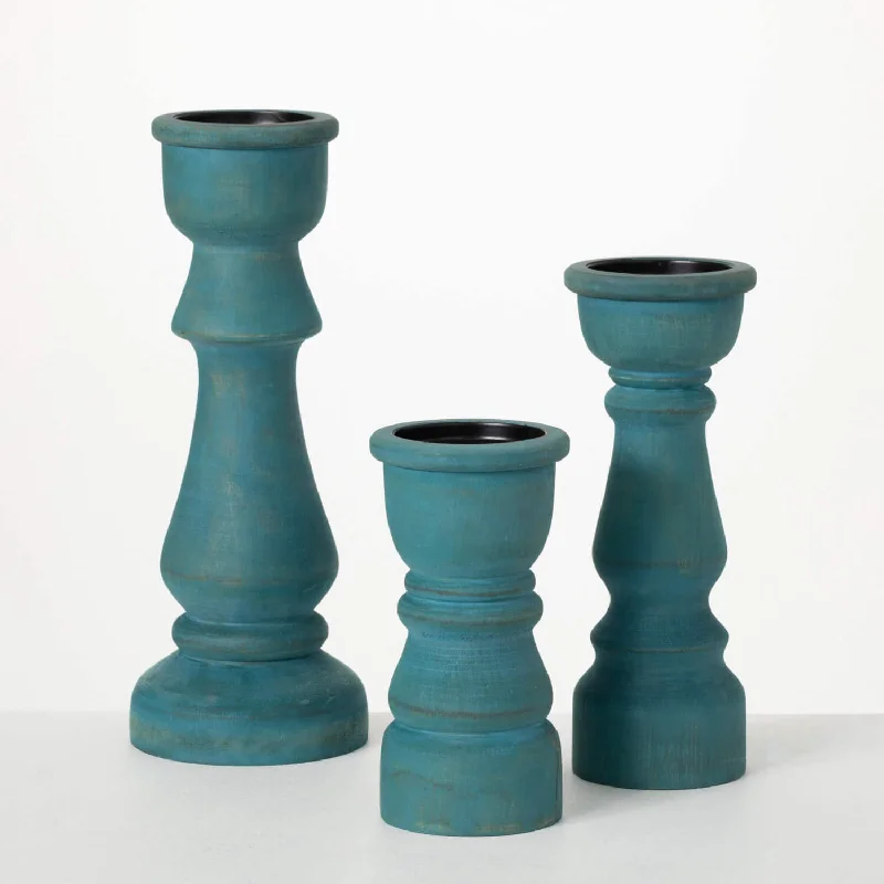 Sullivans - Turquoise Wood Pillar Candlesticks