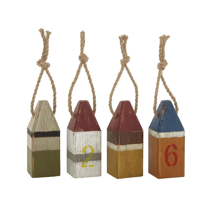 Wood Buoy Sculpture With Rope Accents, Set Of 4 4"W, 10"H, Multi Colored