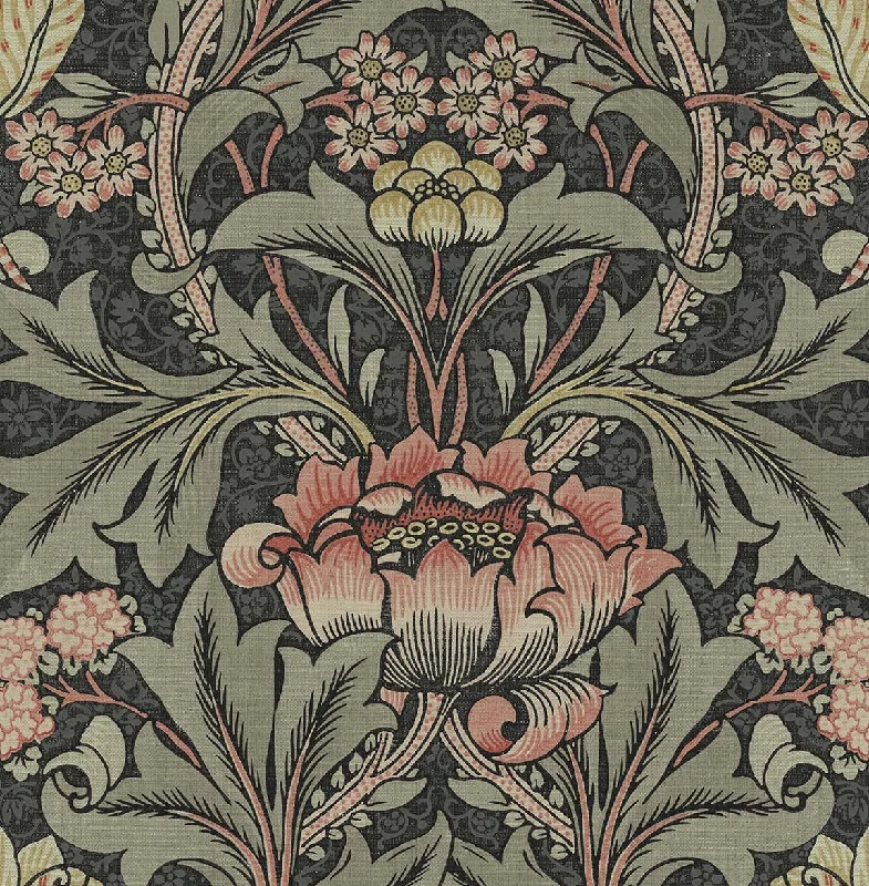 Acanthus Floral Charcoal & Rosewood Peel-and-Stick Wallpaper