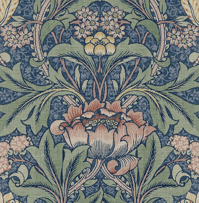 Acanthus Floral Prepasted Wallpaper in Denim Blue & Salmon