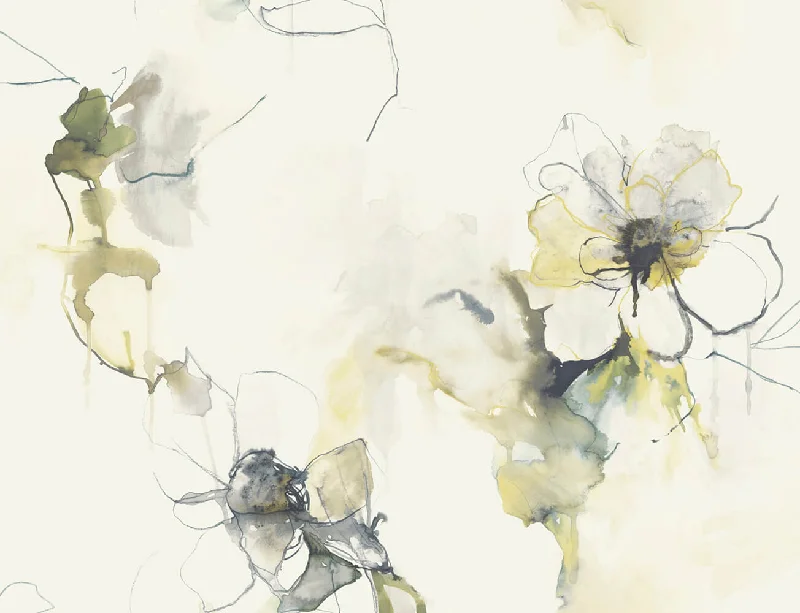 Anemone Watercolor Floral Wallpaper in Dark Ash and Canary from the Living With Art Collection