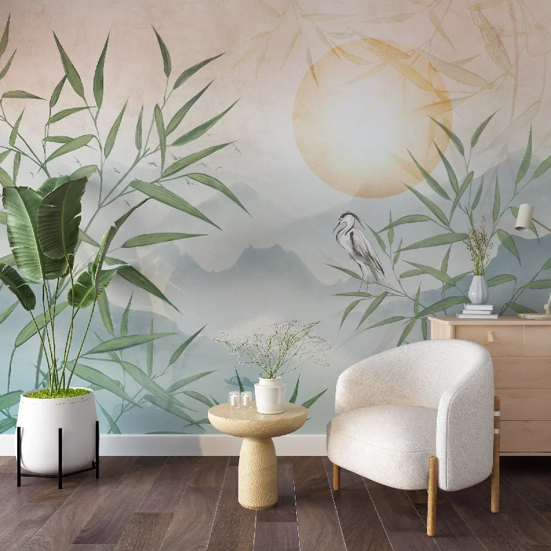 Bamboo and Heron Wallpaper Mural - Nature Scene with Mountains