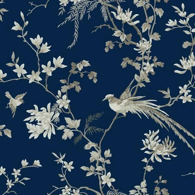 Bird and Blossom Chinoiserie Wallpaper in Blue from the 24 Karat Collection