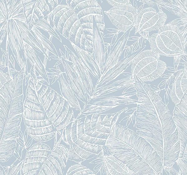 Brentwood Sky Blue Palm Leaves Wallpaper by Scott Living