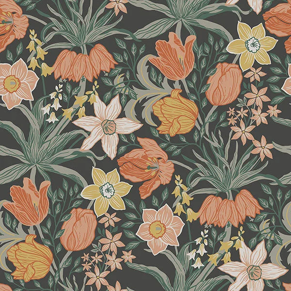 Cecilia Black Tulip and Daffodil Wallpaper