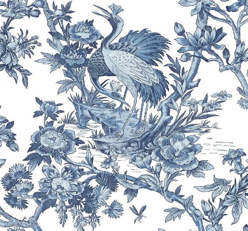 Crane Toile Wallpaper in French Blue