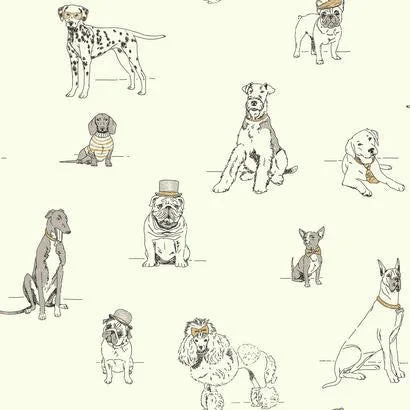 Dog's Life Wallpaper in Grey, Gold, and Ivory