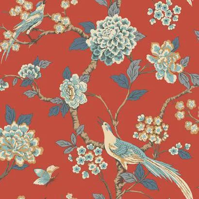 Fanciful Floral Wallpaper in Red and Blue