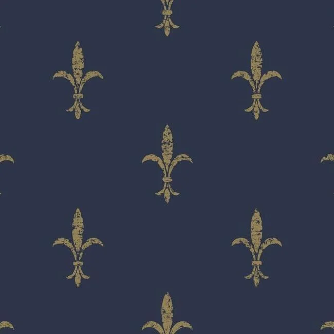 Fleur De Lis Wallpaper in Navy and Gold from the 24 Karat Collection