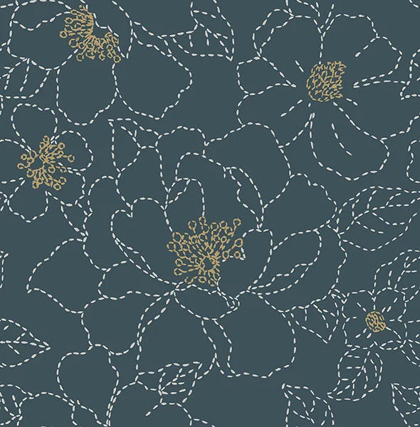 Gardena Indigo Embroidered Floral Wallpaper