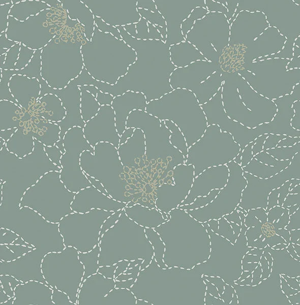 Gardena Sea Green Embroidered Floral Wallpaper