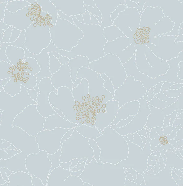 Gardena Sky Blue Embroidered Floral Wallpaper