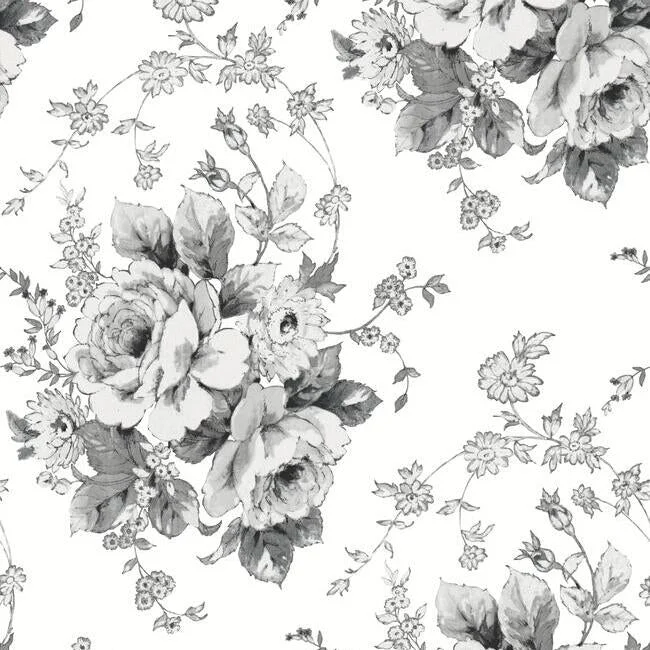 Heritage Rose Wallpaper in White and Black from the Simply Farmhouse Collection