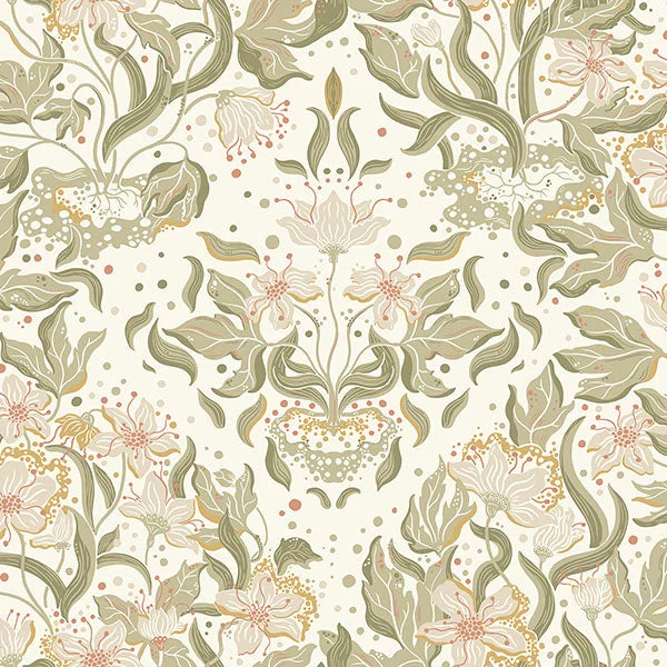 Lisa Olive Floral Damask Wallpaper