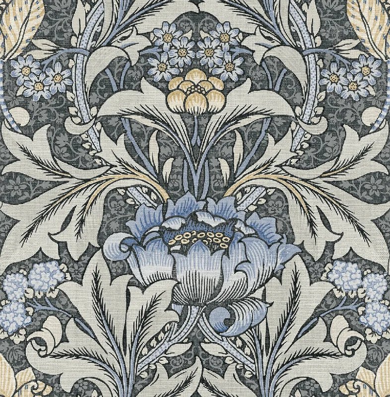 Morris Flower Peel-and-Stick Wallpaper in Charcoal and Carolina Blue