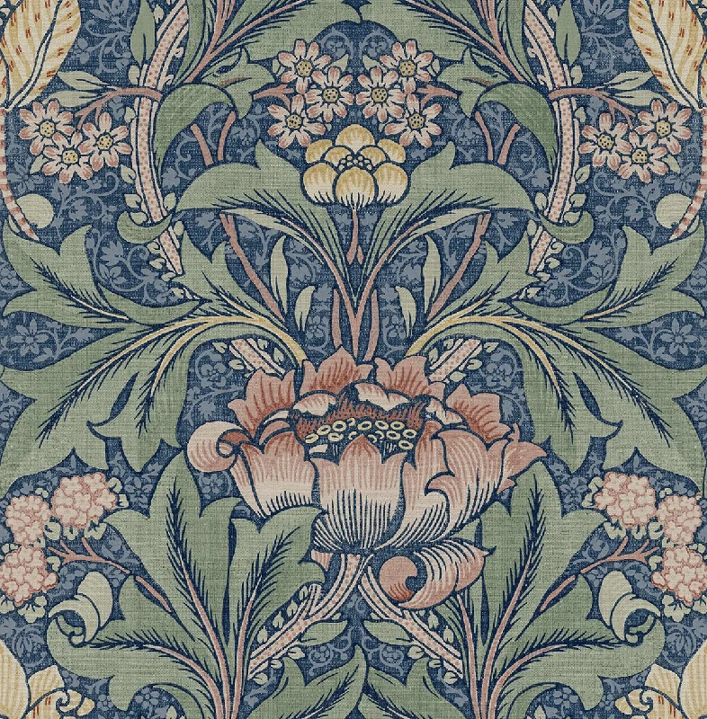 Morris Flower Peel-and-Stick Wallpaper in Denim Blue and Salmon