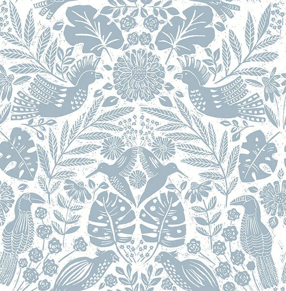 Nestle Blue Bird Block Print Wallpaper