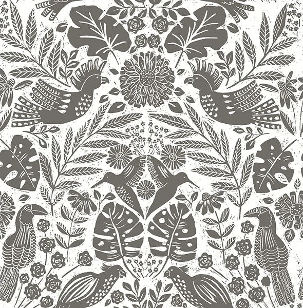 Nestle Charcoal Bird Block Print Wallpaper