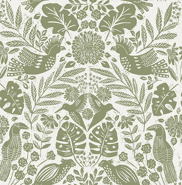 Nestle Green Bird Block Print Wallpaper