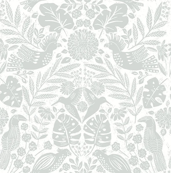 Nestle Light Grey Bird Block Print Wallpaper