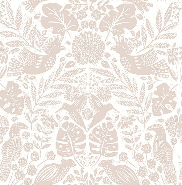 Nestle Pink Bird Block Print Wallpaper