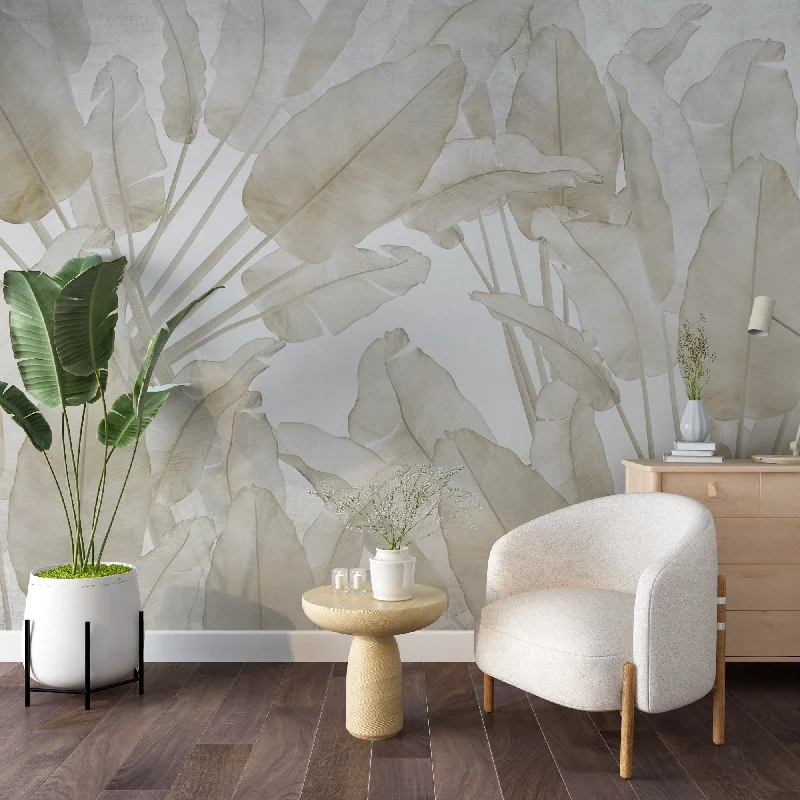 Neutral Toned Banana Leaf Wallpaper Mural