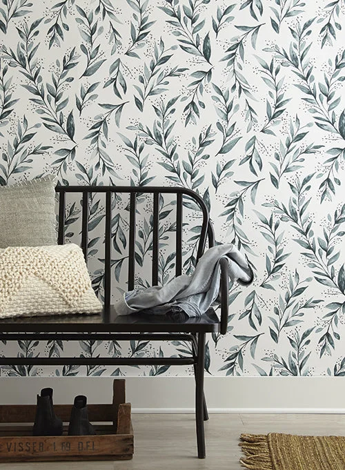 Olive Branch Wallpaper in Teal from Magnolia Home Vol. 2