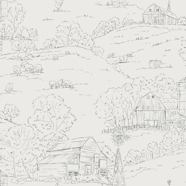 Pasture Toile Wallpaper in Taupe and Charcoal from the Simply Farmhouse Collection