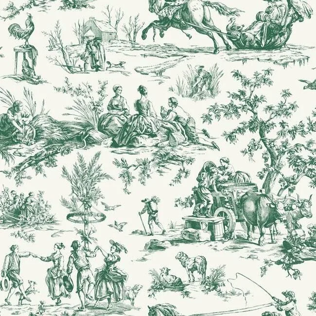 Seasons Toile Wallpaper in Dark Green from the Grandmillennial Collection