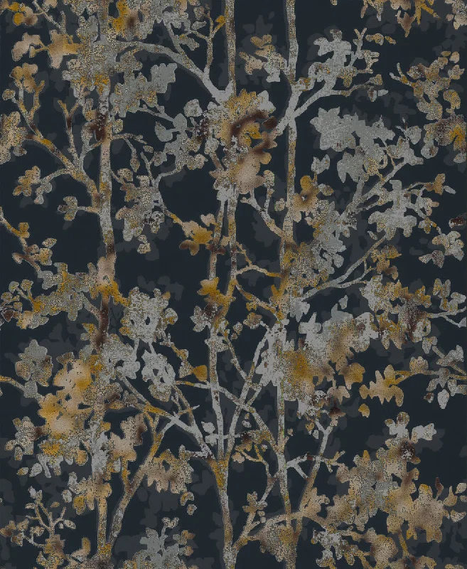 Shimmering Foliage Wallpaper in Black/Multi from the Modern Metals Second Edition