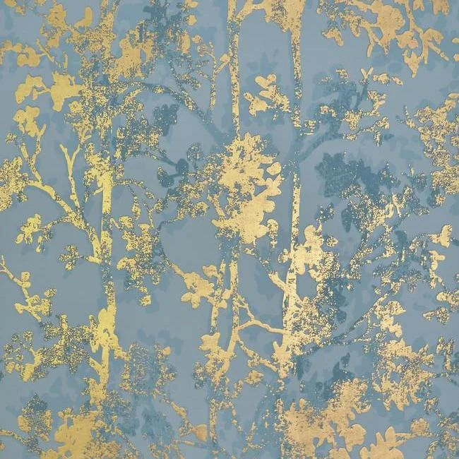 Shimmering Foliage Wallpaper in Blue and Gold from the Modern Metals Collection