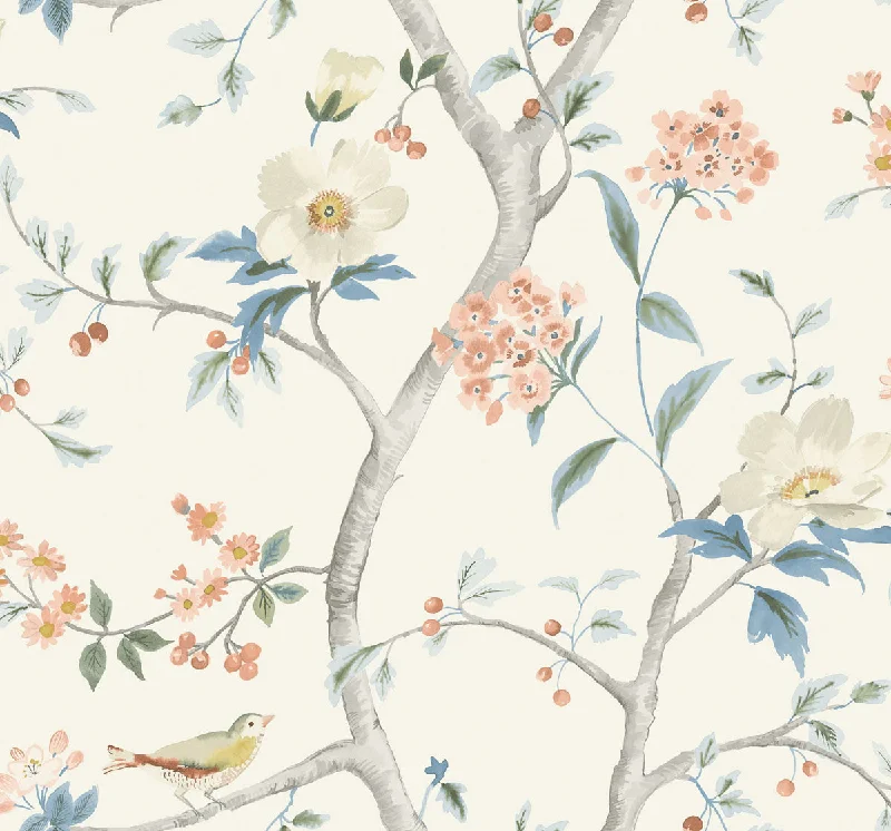 Southport Floral Trail Wallpaper in Eggshell, Melon, and Carolina Blue from the Luxe Retreat Collection