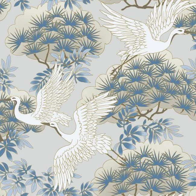 Sprig & Heron Wallpaper in Light Blue from the Tea Garden Collection