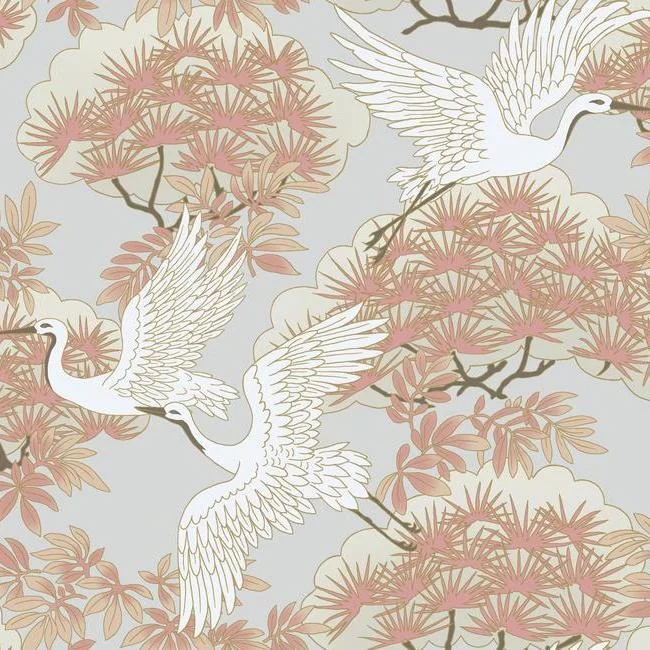 Sprig & Heron Wallpaper in Orange from the Tea Garden Collection