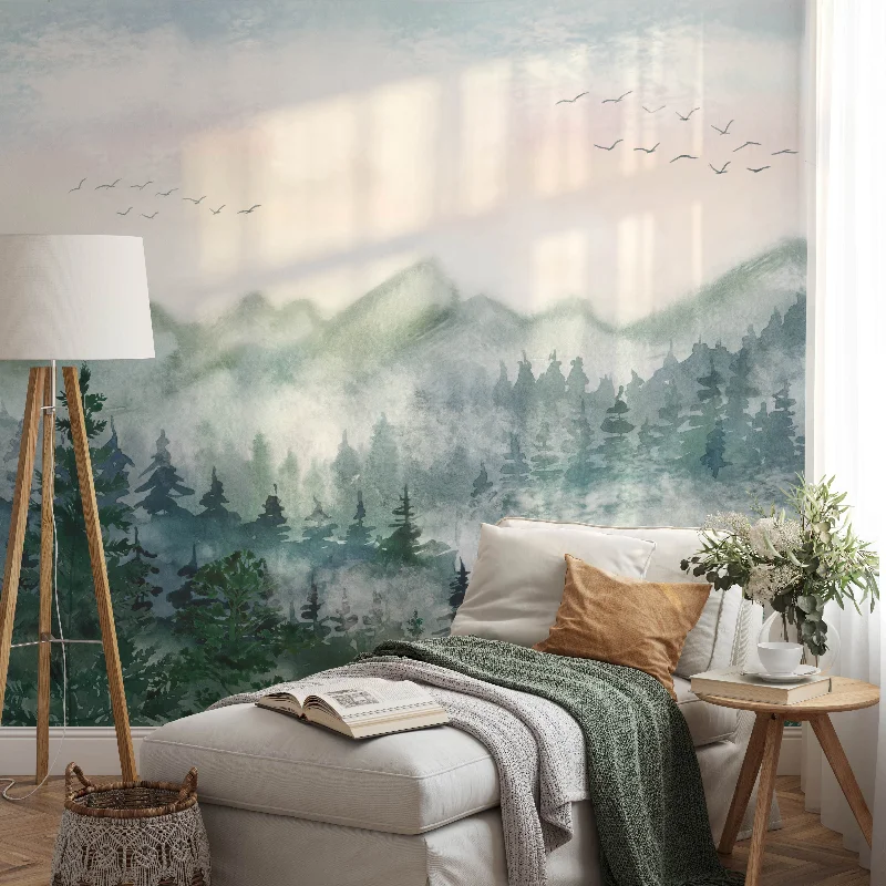 Watercolor Forest Mural Peel and Stick Wallpaper - Serene Green Mountain Landscape