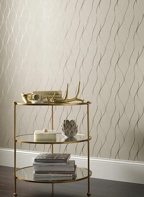 Wavy Stripe Wallpaper in Soft Neutral and Metallic