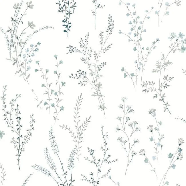 Wildflower Sprigs Wallpaper in Blue and Green from the Simply Farmhouse Collection