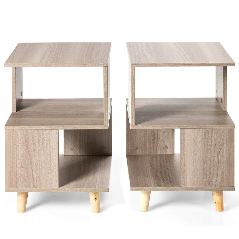 2-Pieces Nightstand Set Wood Legs Storage Shelf Modern Side End Table Grey