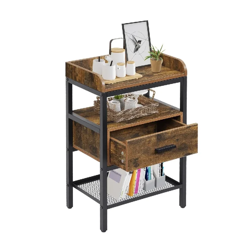 3 Tier End Table, Nightstands with Drawer and Storage Shelf, Wood Side Table with Metal Frame for Small Spaces