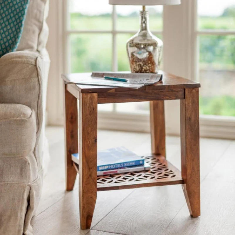 Carved net Side Table in Honey Finish