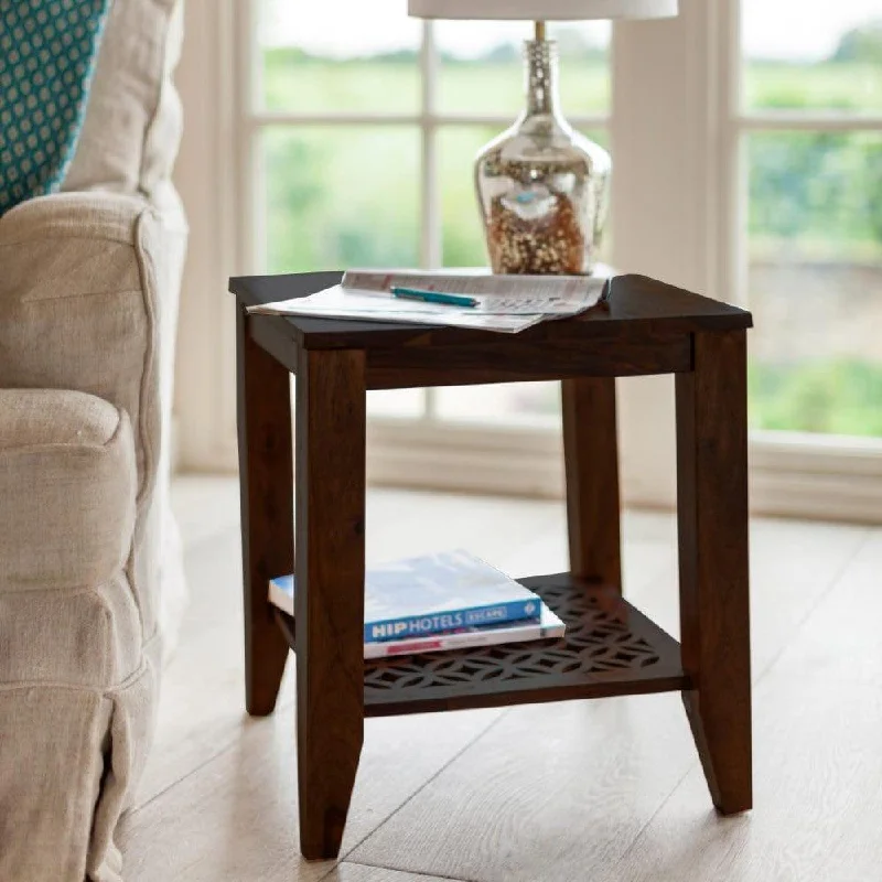 Carved net Side Table in Walnut Finish